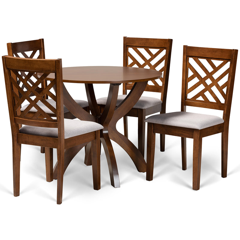 Edona 5-Piece Dining Set Modern Grey Fabric Upholstered Chairs with Walnut Brown Finished Wood Table