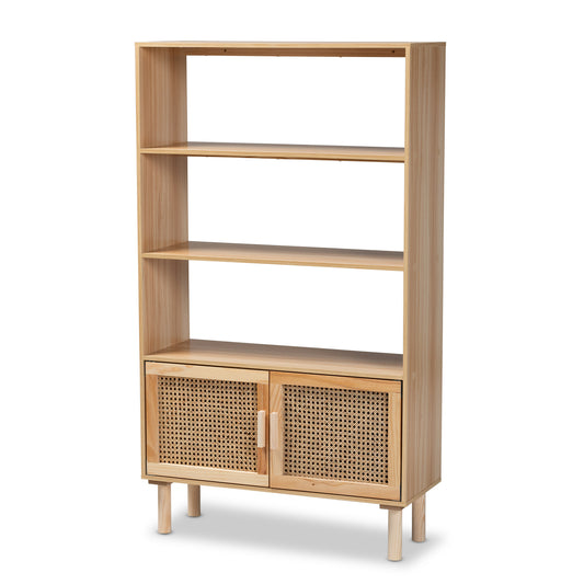 Faulkner Mid-Century Modern Bookcase with Natural Brown Wood and Rattan, 2-Door Storage Unit for Stylish Home Organization