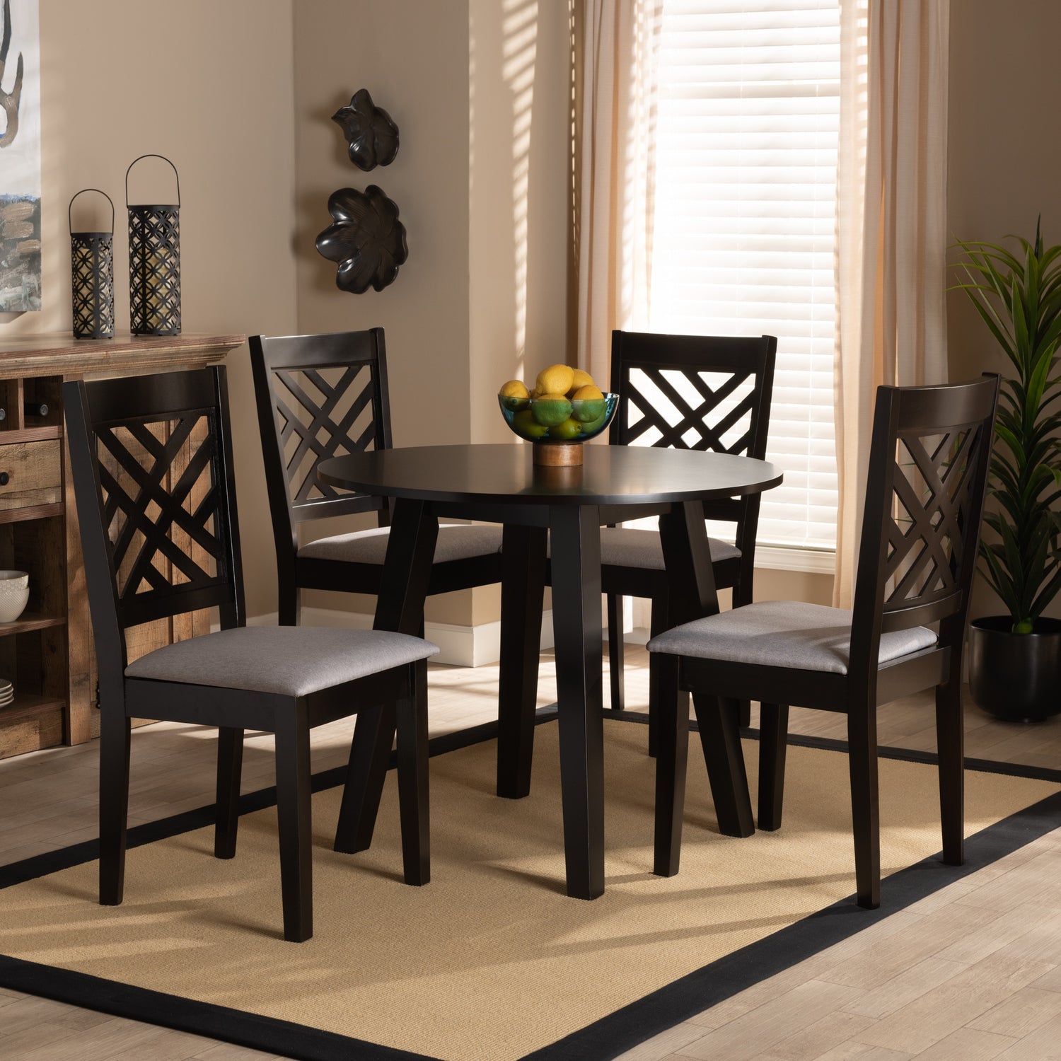 Lilly Dining Set Modern and Contemporary Grey Fabric Upholstered Dark Brown Finished Wood 5-Piece