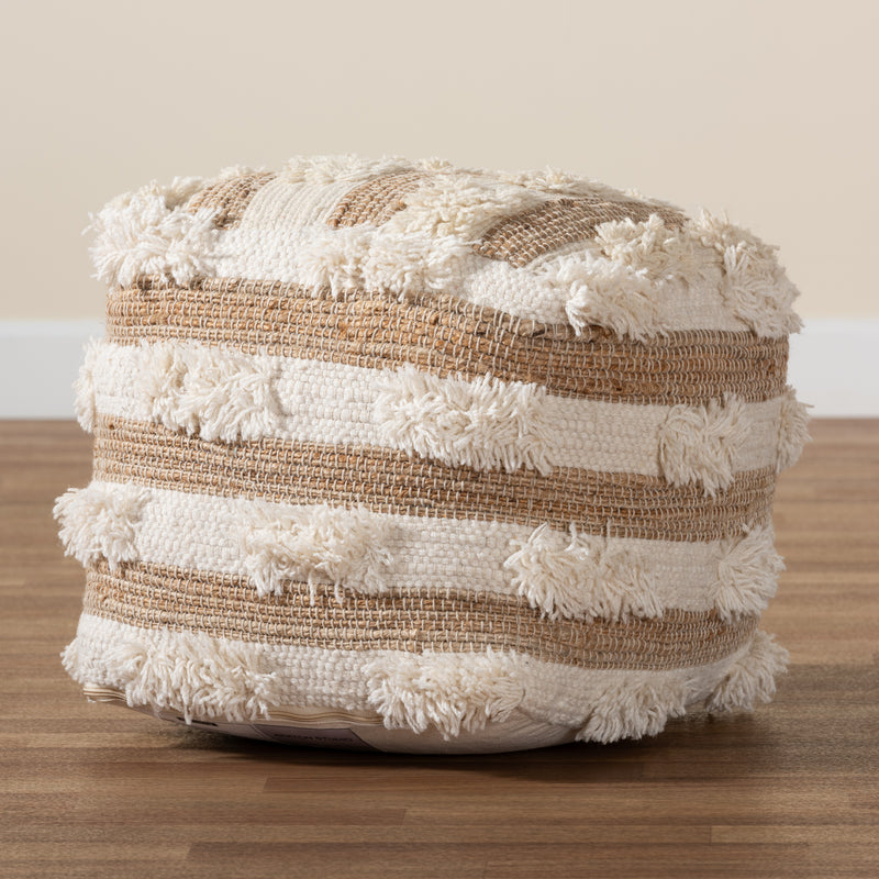 Basque Pouf Ottoman - Modern Moroccan Inspired Handwoven Wool Blend in Natural and Ivory