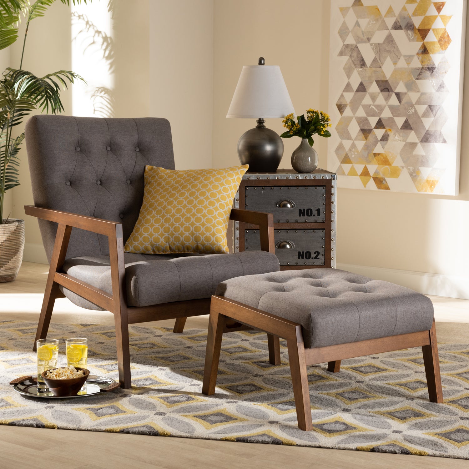 Naeva Mid-Century Modern Armchair and Footstool Set Grey Fabric Upholstered with Walnut Finished Wood Stylish 2-Piece Living Room Furniture