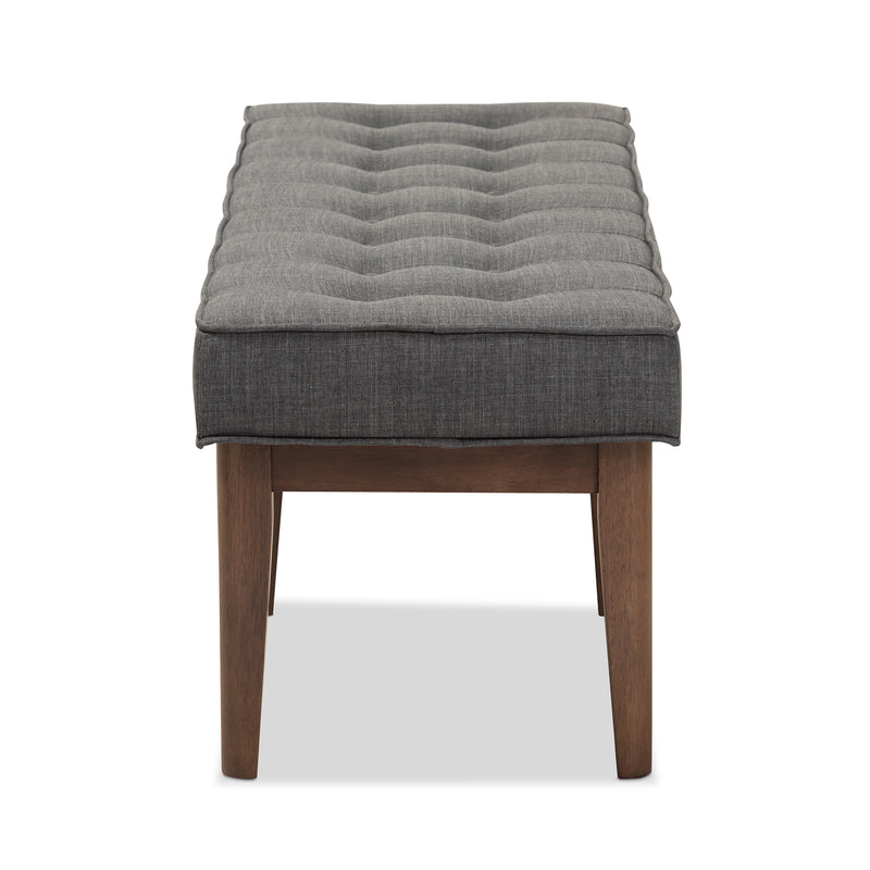 Lucca Bench Mid-Century Modern Walnut Wood with Dark Grey Fabric and Button-Tufted Upholstery