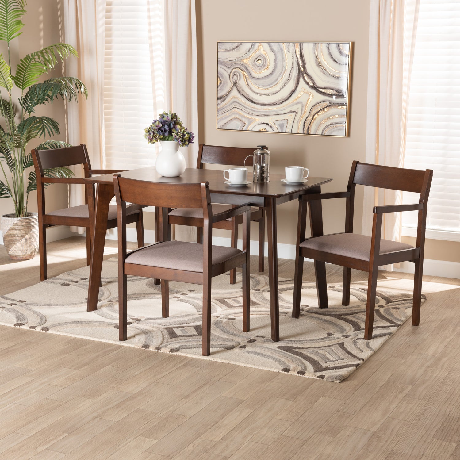 Helene Dining Set Mid-Century Modern 5-Piece Warm Grey Fabric Dark Brown Finished Wood