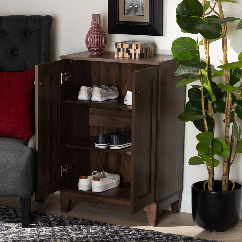 Nissa Shoe Storage Cabinet Modern Walnut Brown Finished Wood with 2 Doors for Organized Footwear Storage