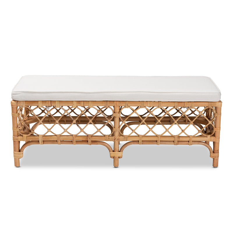 Orchard Modern Bohemian Bench White Fabric Upholstered with Natural Brown Rattan Accents for Stylish Seating and Decor