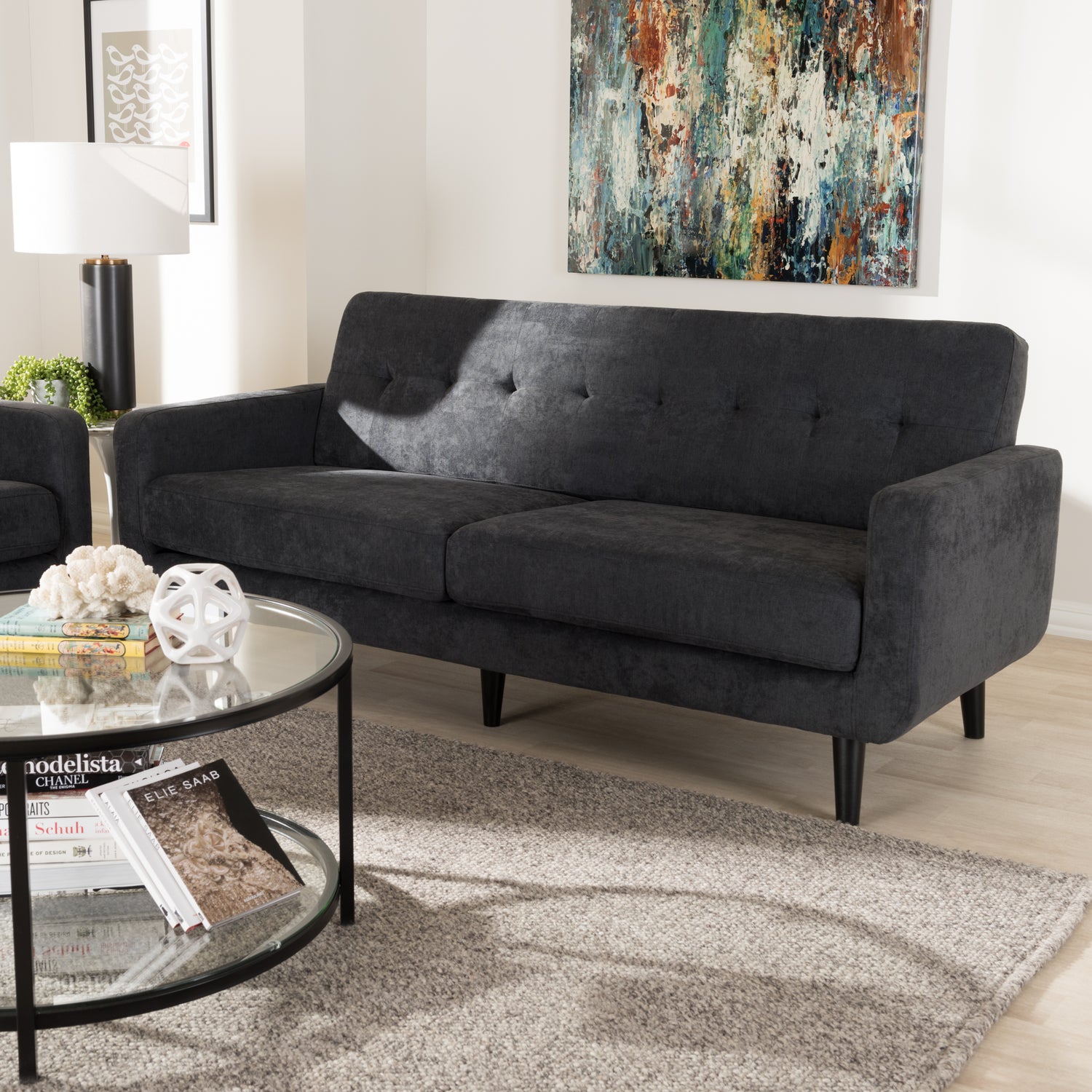 Carina Sofa Mid-Century Modern Dark Grey Fabric Upholstered