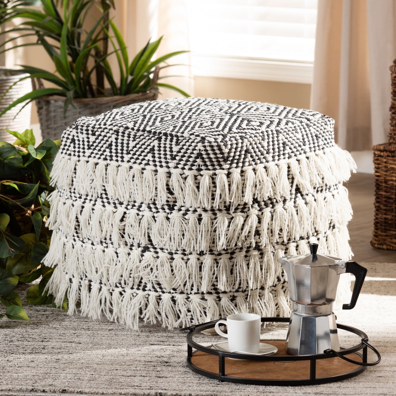 Alain Handwoven Wool Pouf Ottoman Moroccan Inspired Black Ivory Tassel Design for Stylish Home Decor