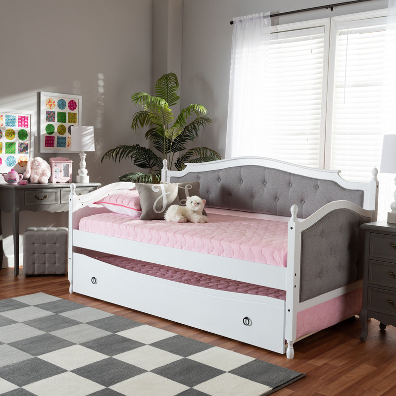 Marlie Twin Size Daybed with Trundle Classic Grey Fabric Upholstered Design on White Finished Wood Frame