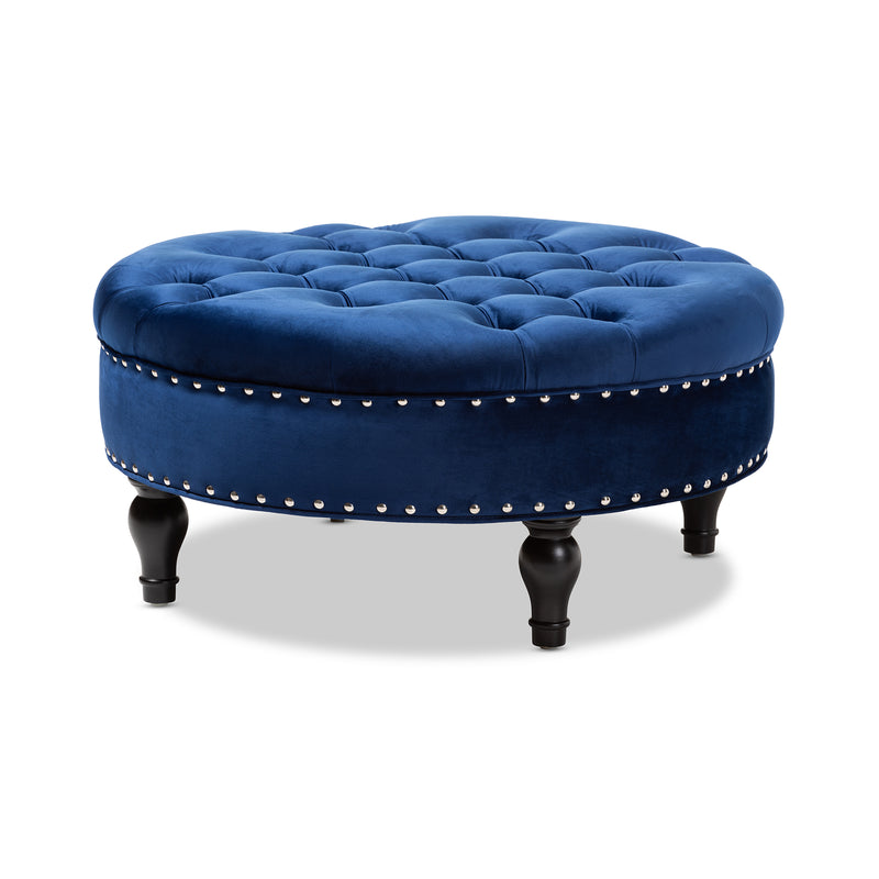 Palfrey Ottoman Transitional Blue Velvet Fabric Upholstered Button Tufted Cocktail