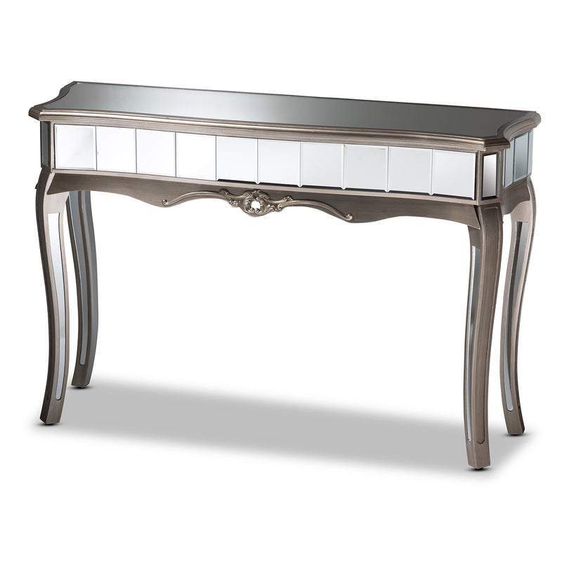 Elgin Console Table Contemporary Glam Luxe Design with Brushed Silver Finished Wood and Mirrored Glass Accents