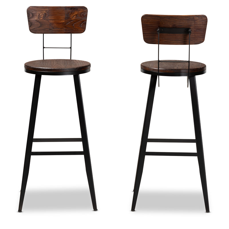 Kenna Vintage Rustic Industrial Bar Stool Set - 2-Piece Wood and Black Metal Design for Home Kitchen or Pub Use