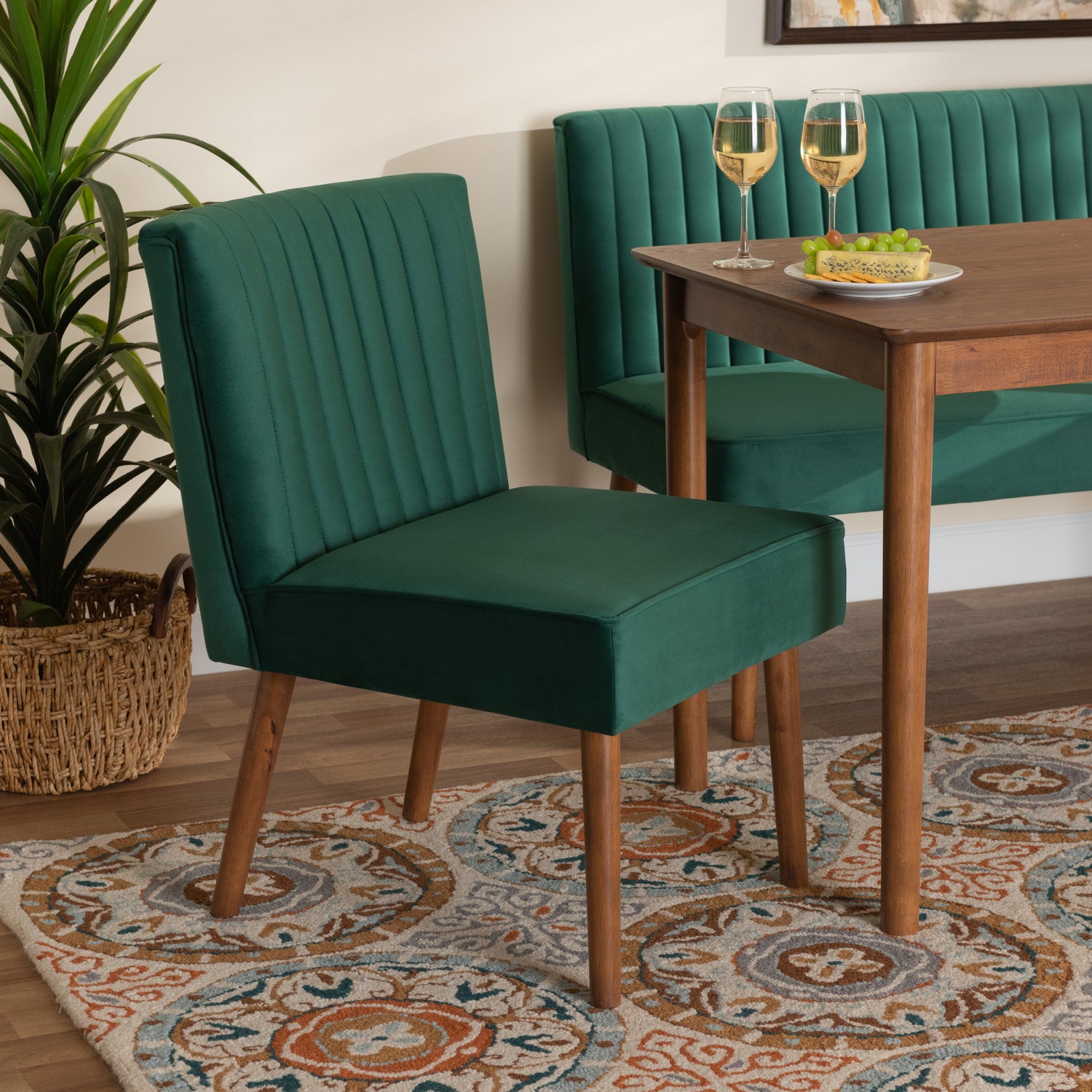 Alvis Dining Chair Mid-Century Modern Emerald Green Velvet Upholstered Walnut Brown Finished Wood