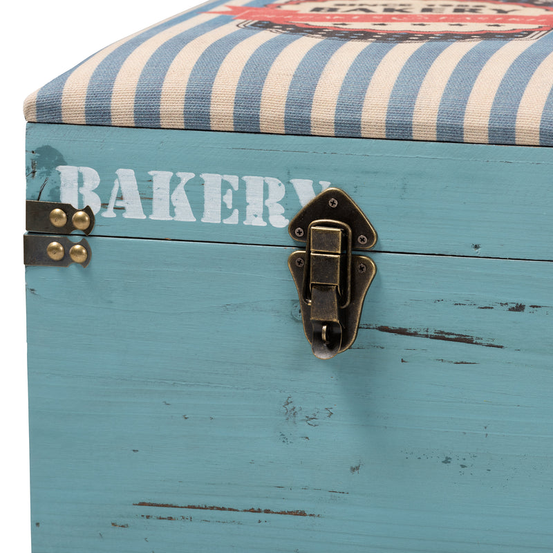 Caye Vintage Storage Trunk Ottoman Striped Fabric Upholstered with Light Blue Wood Finish