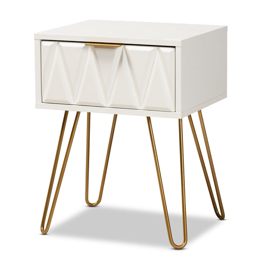 Holbrook End Table - Contemporary Glam Design with White Wood and Gold Metal, Featuring 1 Storage Drawer