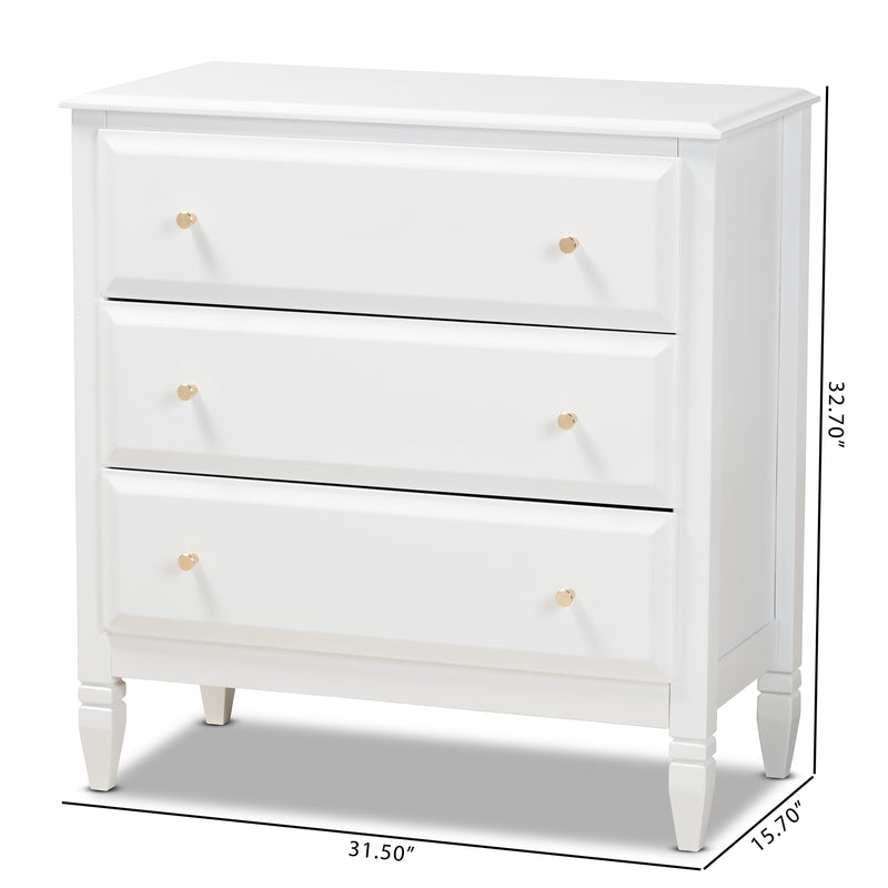 Naomi Bedroom Chest Classic White Finished Wood 3-Drawer Storage Solution for Stylish Bedrooms