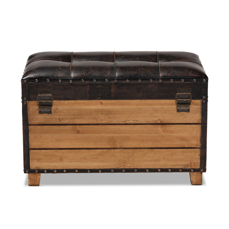 Marelli Rustic Dark Brown Faux Leather Ottoman Set 2-Piece Wood Storage Trunk for Stylish Home Organization and Seating