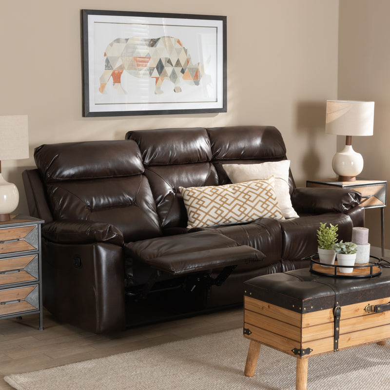 Byron Reclining Sofa Modern Dark Brown Faux Leather Upholstered 3-Seater Couch for Living Room Comfort and Style