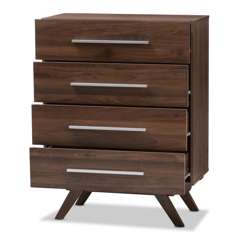 Auburn Mid-Century Modern 4-Drawer Chest in Walnut Brown for Stylish Storage Solutions