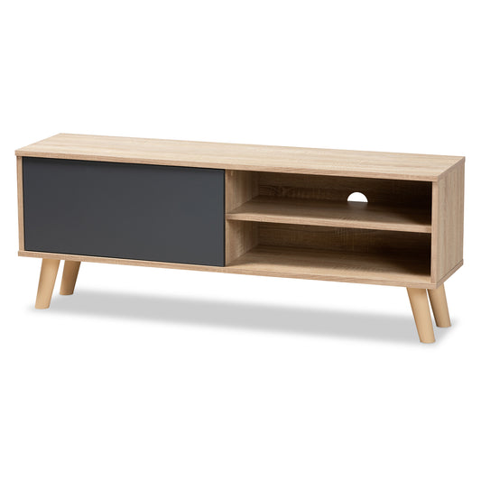 Mallory TV Stand Modern and Contemporary Two-Tone Oak Brown and Grey Finished Wood