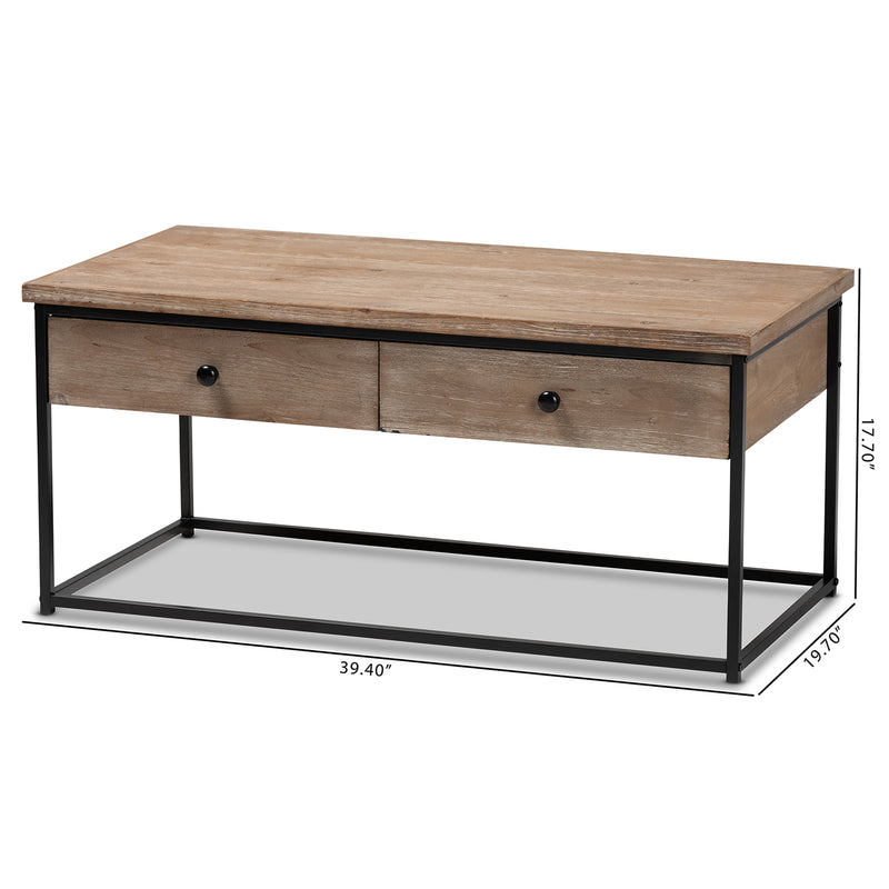 Roderick Coffee Table Modern Contemporary Design Weathered Oak Finish Black Metal Accents with 2 Storage Drawers