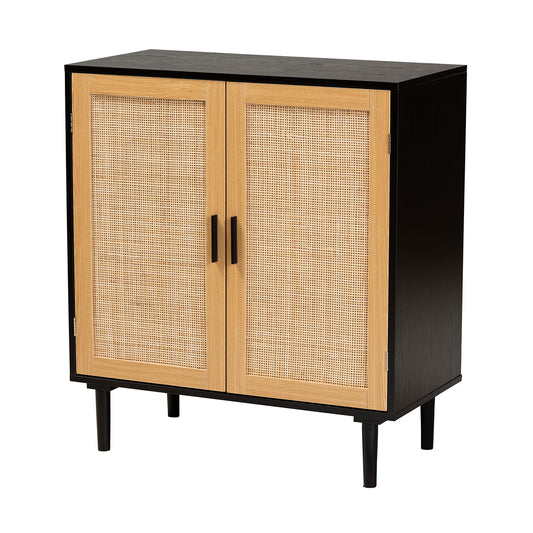 Maureen Storage Cabinet Mid-Century Modern Espresso Brown Wood and Rattan 2-Door Design for Stylish Organization