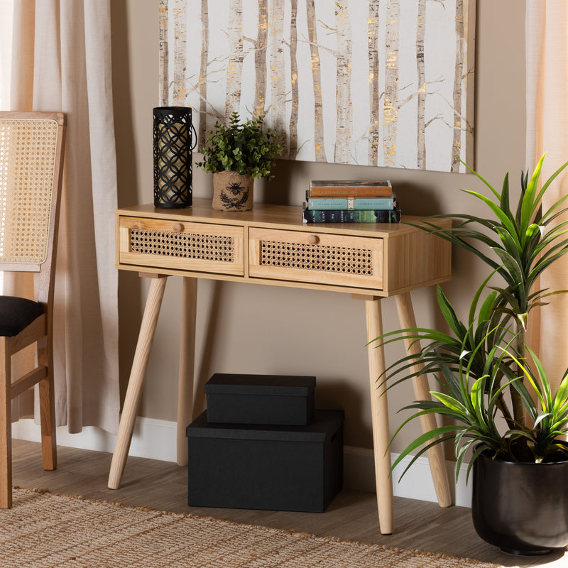 Maclean Console Table - Mid-Century Modern Design with Rattan and Natural Brown Wood, Featuring 2 Storage Drawers for Style