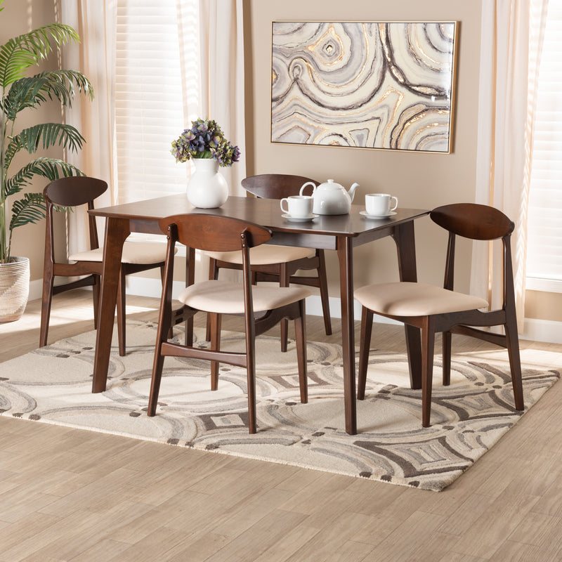 Daria Dining Set Mid-Century Modern 5-Piece Cream Fabric and Dark Brown Wood Furniture for Stylish Dining Rooms