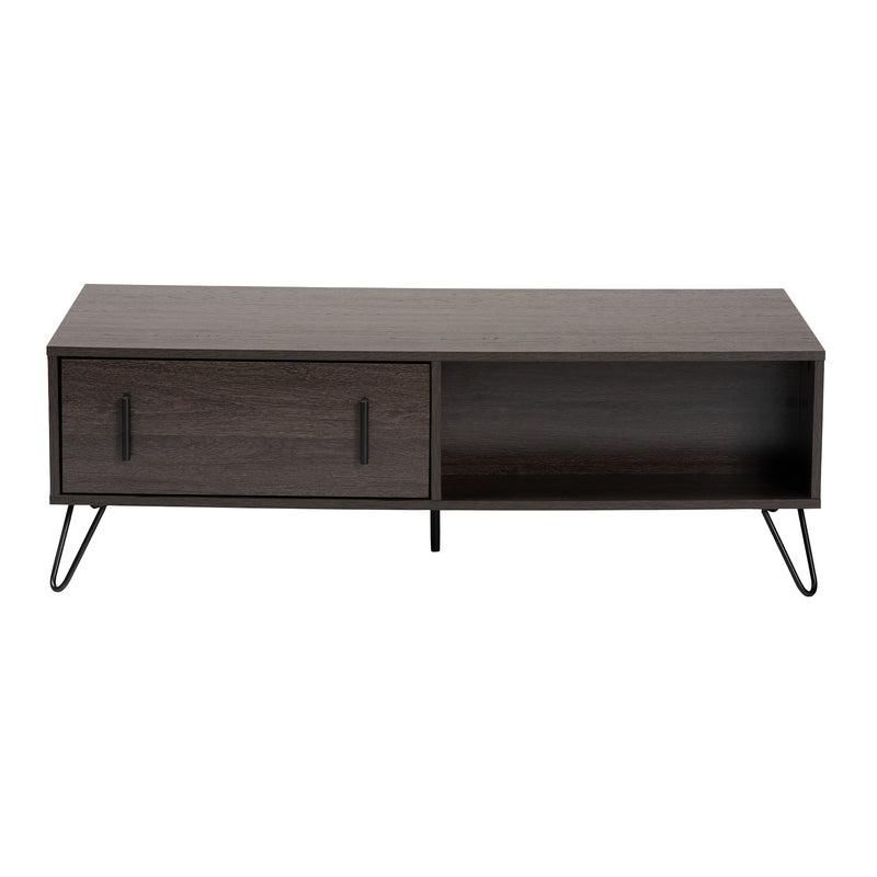 Baldor Coffee Table - Modern Design with Dark Brown Wood and Black Metal, Featuring 2 Storage Drawers