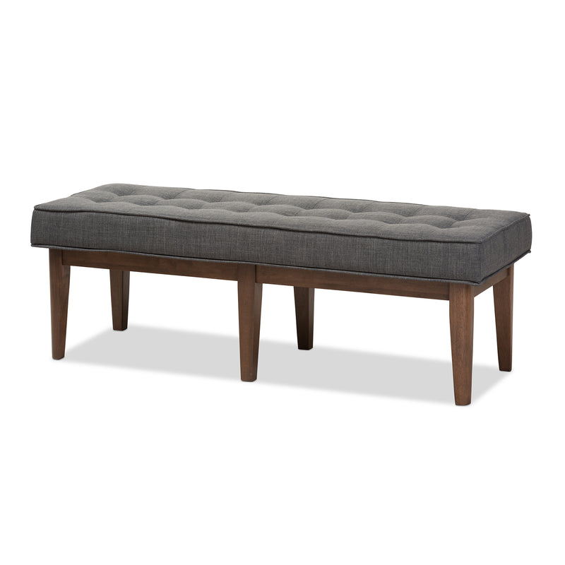 Lucca Bench Mid-Century Modern Walnut Wood with Dark Grey Fabric and Button-Tufted Upholstery