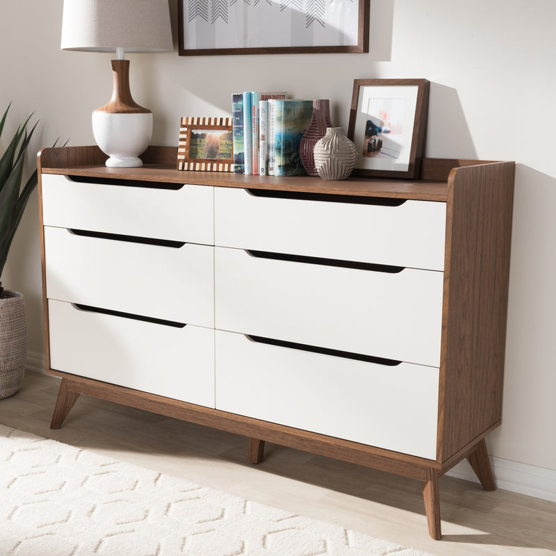 Brighton Dresser Mid-Century Modern 6-Drawer Storage in White and Walnut Wood, Stylish Bedroom Furniture for Organized Spaces