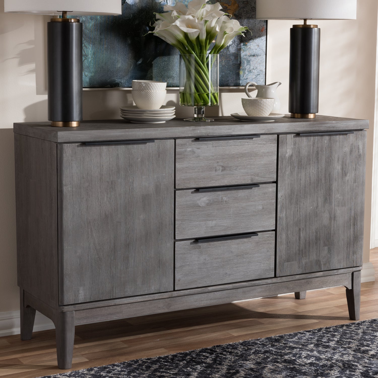 Nash Rustic Platinum Wood Sideboard Buffet with 3 Storage Drawers and Display Space