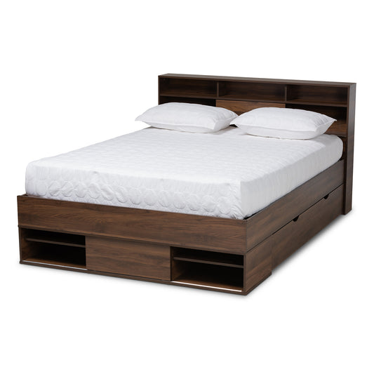 Tristan Queen Size Platform Storage Bed - Modern Walnut Brown Wood with Drawer and Shelves for Organized Bedroom Storage