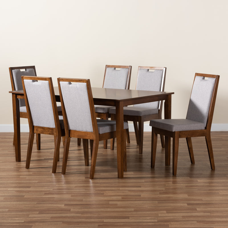 Rosa Dining Set Modern and Contemporary Grey Fabric Upholstered Walnut Brown Finished Wood 7-Piece