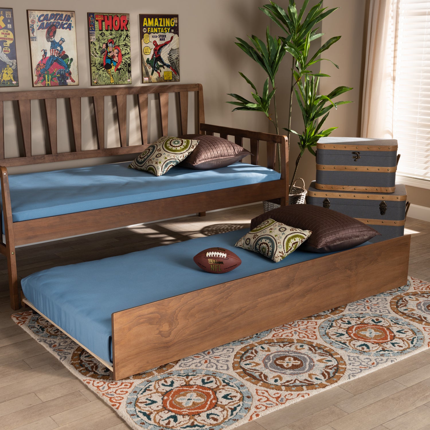 Midori Twin Size Trundle Bed in Walnut Brown Finish - Modern Contemporary Design with Wood Construction