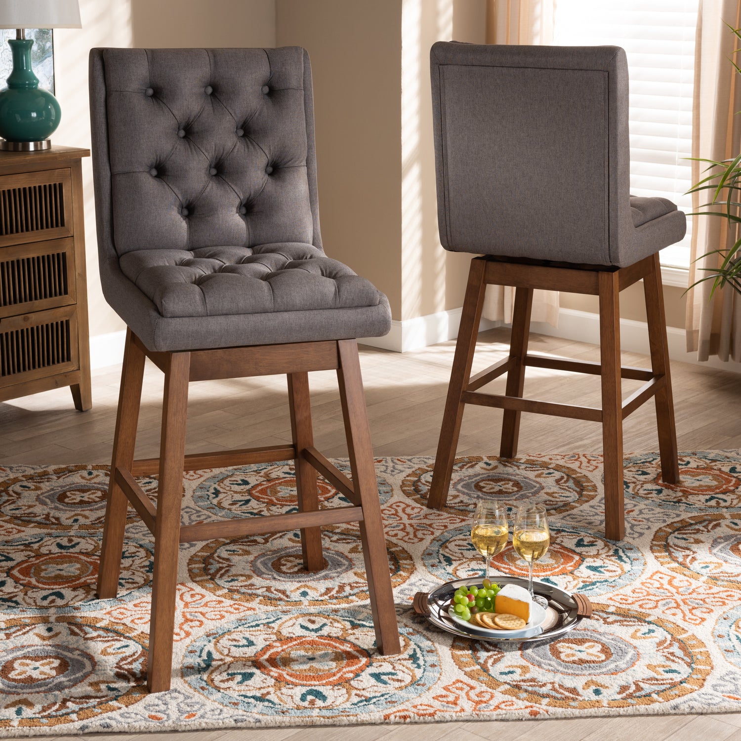 Gregory Bar Stool Set Modern Transitional Grey Fabric Upholstered and Walnut Brown Finished Wood 2-Piece