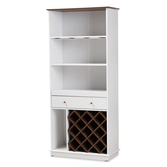 Mattia Wine Cabinet - Mid-Century Modern White and Walnut Wood for Stylish Wine Bottle and Glassware Storage and Display