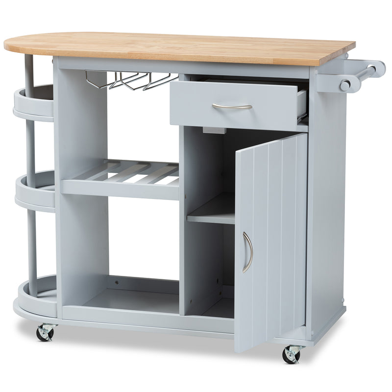 Donnie Kitchen Storage Cart - Two-Tone Light Grey and Natural Finished Wood