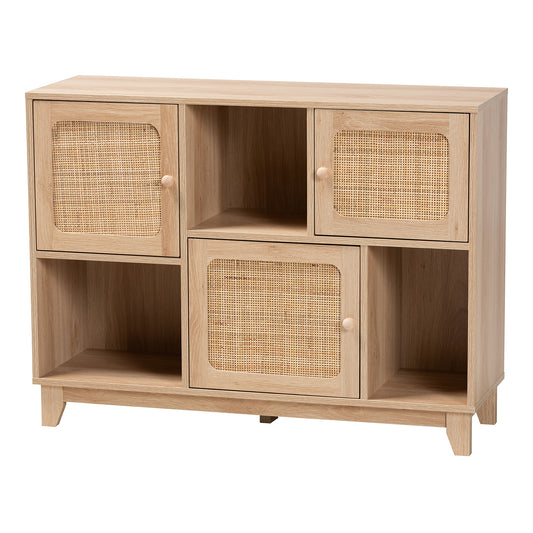 Elsbeth Sideboard Mid-Century Modern Light Brown Wood with Natural Rattan, 3-Door Storage Cabinet for Living or Dining Room