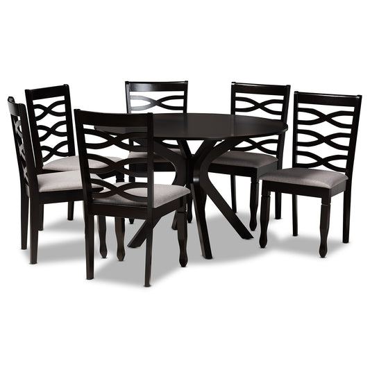 Mila Dining Set Modern and Contemporary Grey Fabric Upholstered Dark Brown Finished Wood 7-Piece