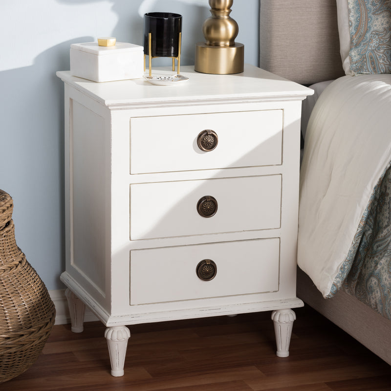 Venezia Nightstand French-Inspired Rustic Whitewash Wood 3-Drawer Storage Solution for Bedroom Decor