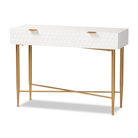 Galia Console Table Modern Contemporary Design White Finished Wood Gold Metal 1 Drawer for Storage and Style