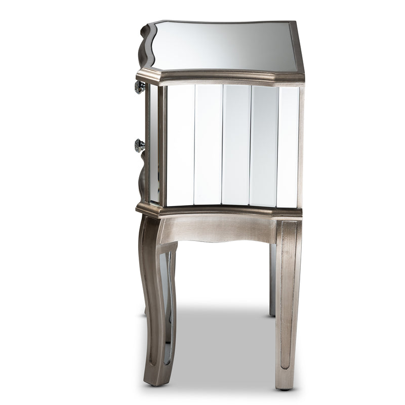 Elgin End Table - Contemporary Glam Design with Brushed Silver Wood and Mirrored Glass, Featuring 2 Stylish Storage Drawers