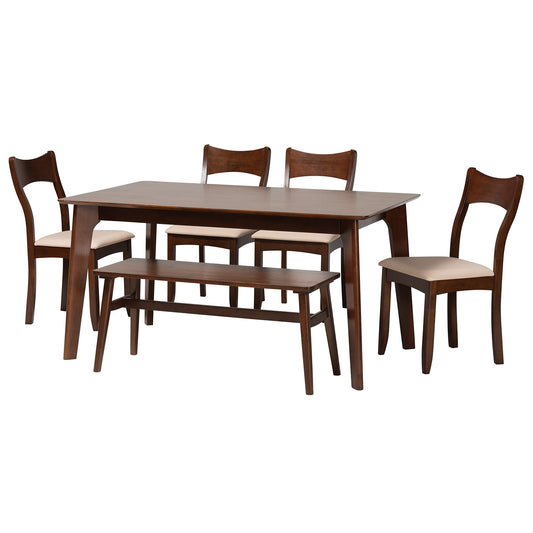 Adreana Dining Set Mid-Century Modern Cream Fabric and Dark Brown Finished Wood 6-Piece