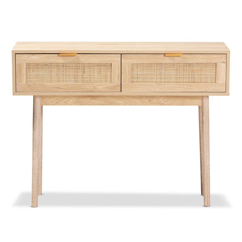 Baird Console Table - Mid-Century Modern Light Oak Brown Wood with Rattan, Featuring 2 Drawers for Stylish Storage