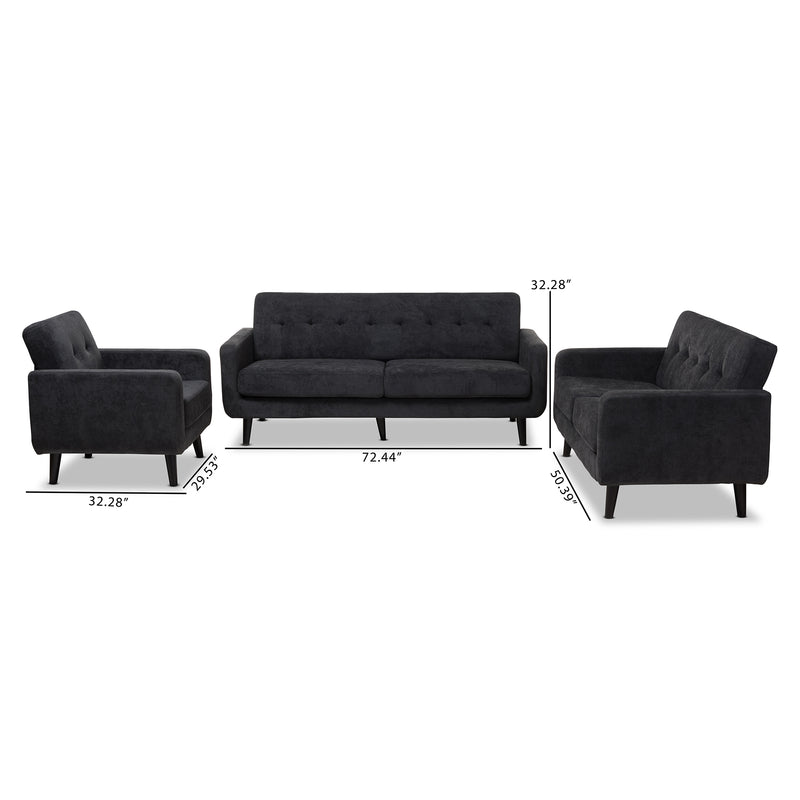 Carina Living Room Set Mid-Century Modern Dark Grey Fabric Upholstered 3-Piece