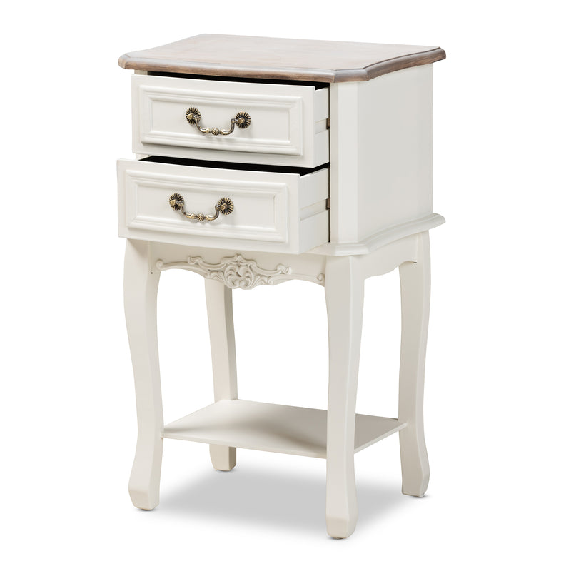 Amalie End Table Antique French Country Cottage Style Two-Tone White and Oak Finish with 2 Drawers for Storage