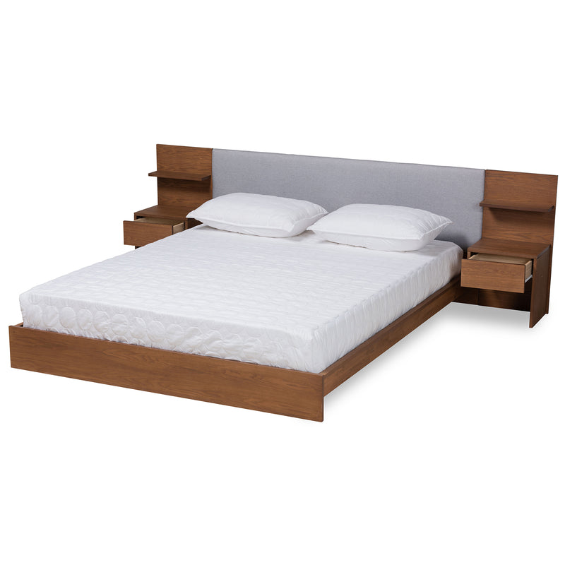 Sami Queen Size Platform Bed Modern Light Grey Fabric Upholstered with Walnut Brown Finished Wood