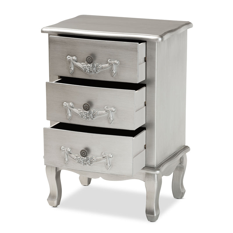 Callen End Table Classic and Traditional Brushed Silver Finished Wood 3-Drawer