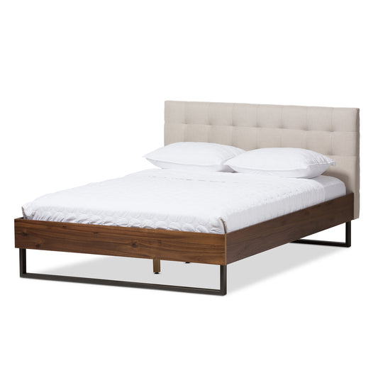 Mitchell Platform Bed - Rustic Industrial Walnut Wood with Beige Fabric and Dark Bronze Metal