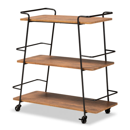 Bernard Wine Bar Cart Rustic Industrial Black Metal and Walnut Finish 3-Tier Mobile